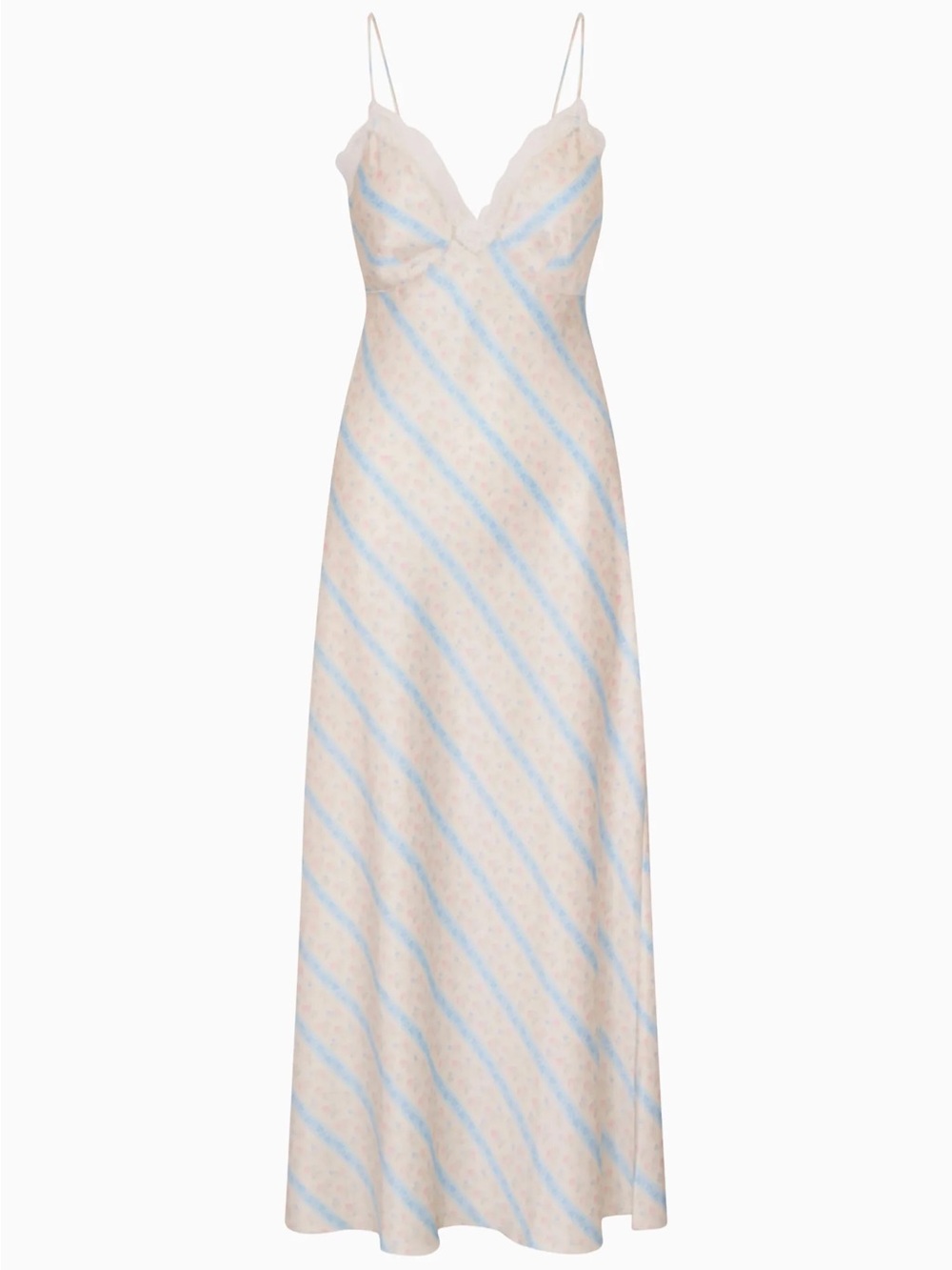 LoveShackFancy Lace-Trim Maxi Slip Dress in Pale Pink & Light Blue